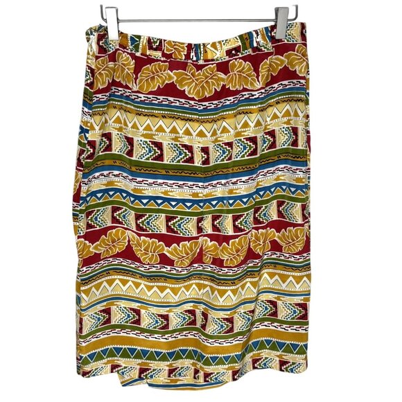 Vintage 90s 100% Silk Red Bold Printed Faux-Wrap Skirt, Pleated, Size 12 - Picture 2 of 9
